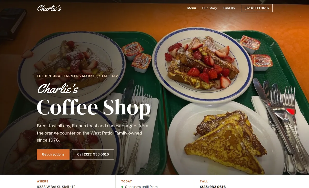 The Charlie's Coffee Shop website we built, live at charliescoffeeshop.com