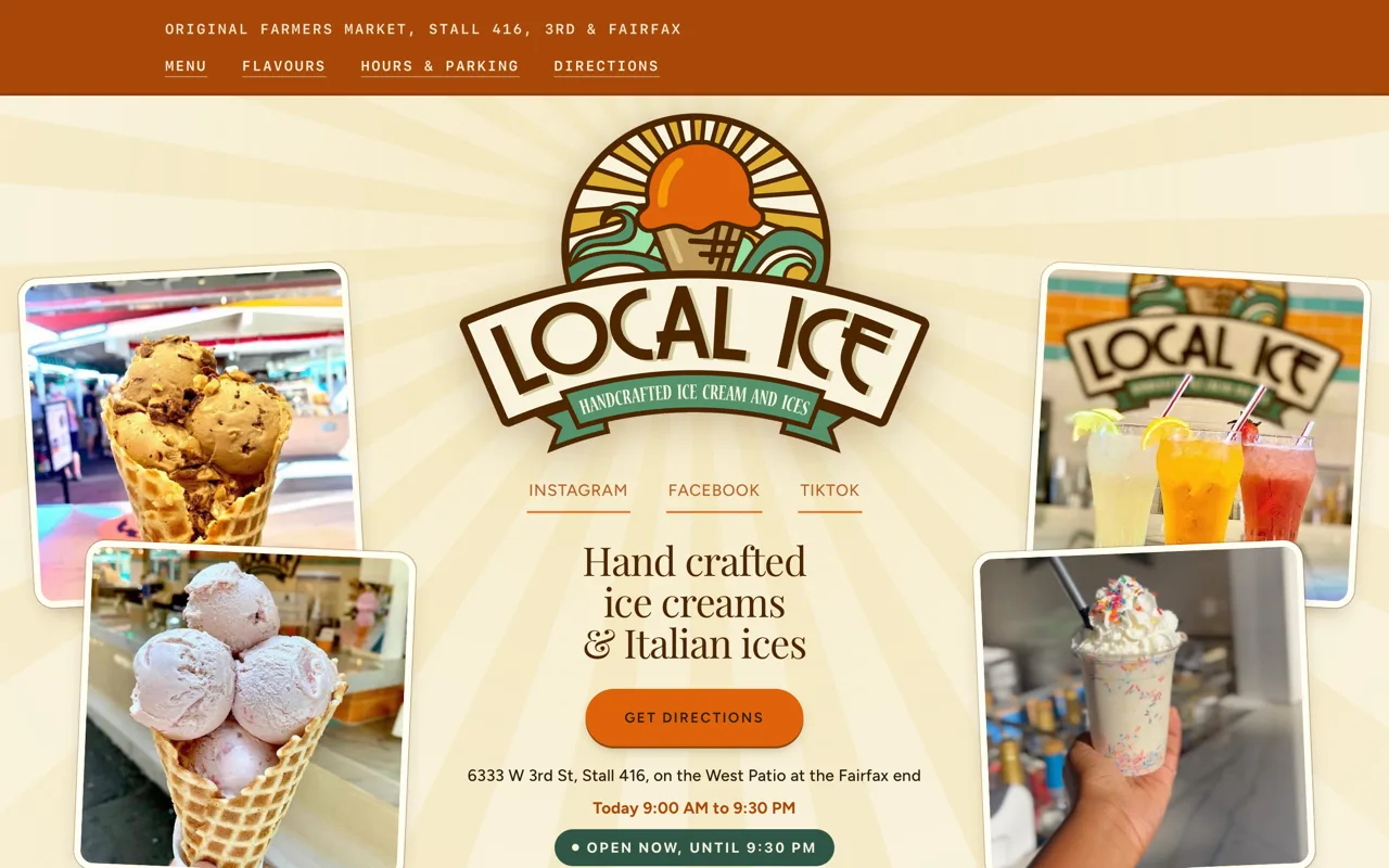 The Local Ice homepage at local-ice.org — logo, social links, and a Get directions button