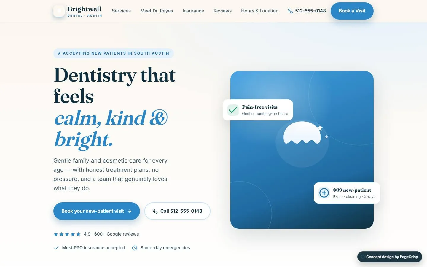 Brightwell Dental — concept website design by pagecrisp
